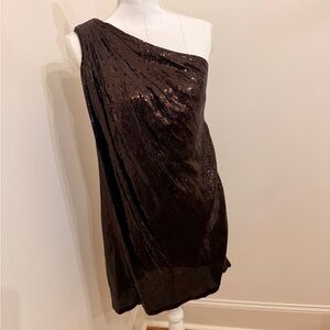 Badgley Mischka One-Shoulder Sequin Dress in Deep Brown